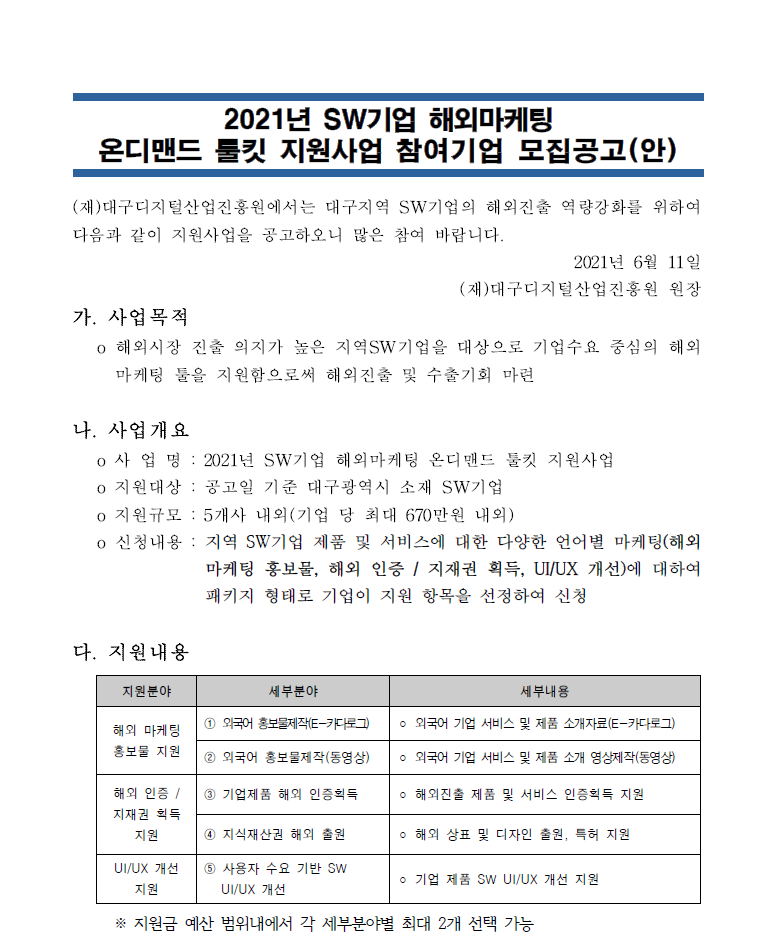 SW기업 해외마케팅 온디맨드 툴킷 지원사업 공고 안내